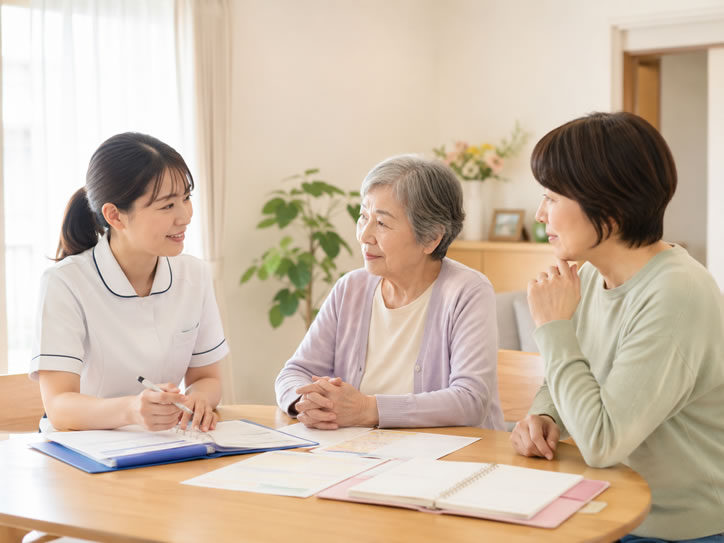 訪問看護師が退院後の生活について利用者とご家族に説明している様子