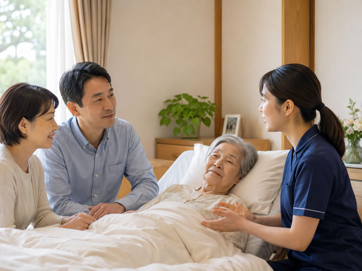 訪問看護師がご家族とともに自宅での看取りについて寄り添いながら支援している様子