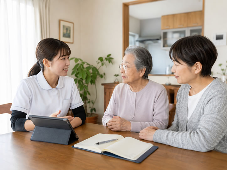訪問看護師が利用者とご家族に訪問看護について説明している様子