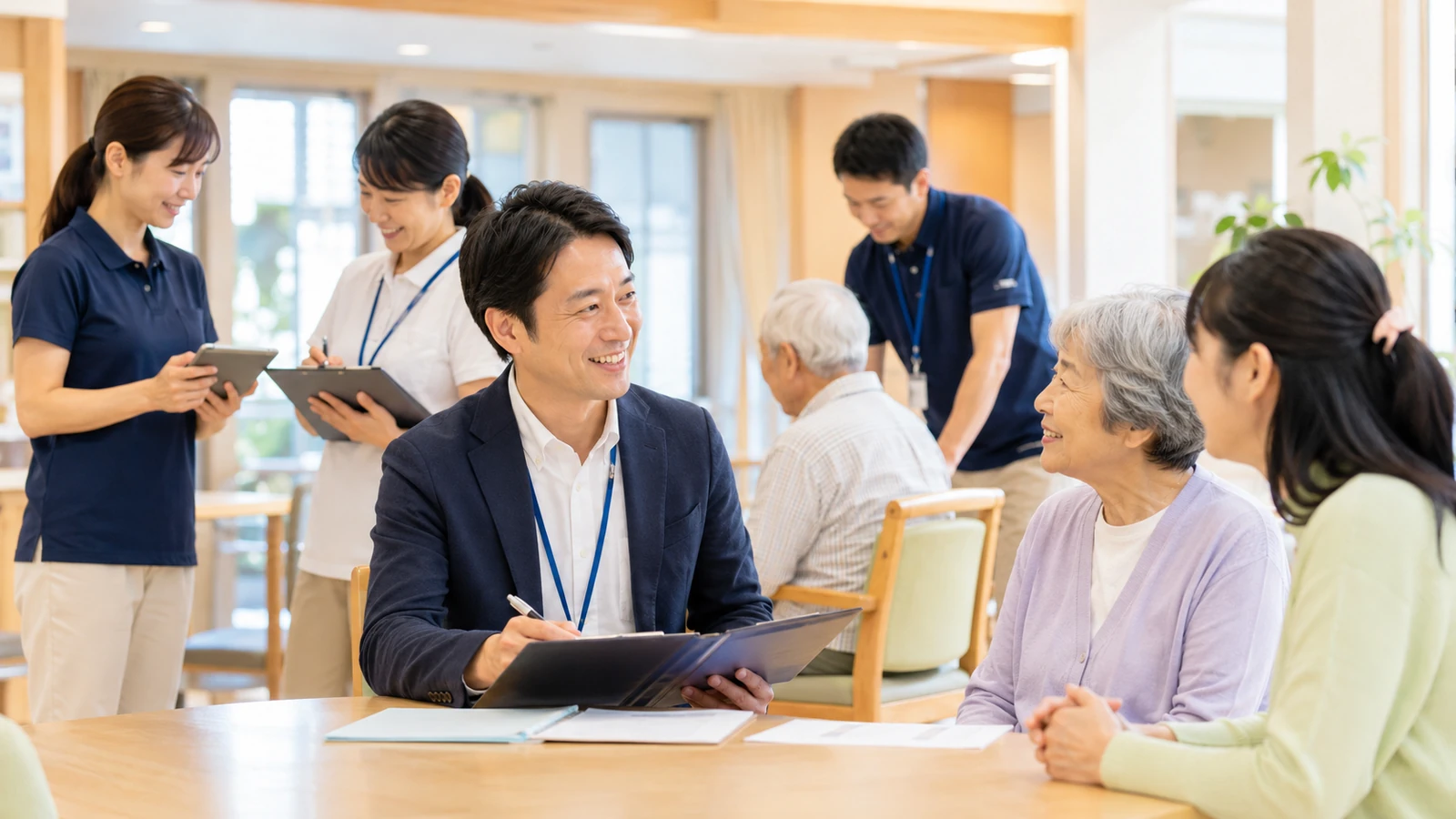 デイサービスの運営について利用者さまやスタッフと話し合う管理者のイメージ